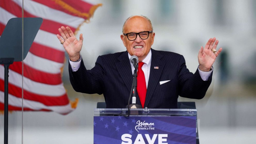 PHOTO: President Donald Trump's personal lawyer Rudy Giuliani speaks as Trump supporters gather by the White House ahead of the certification of the results of the 2020 U.S. presidential election in Washington, Jan. 6, 2021.