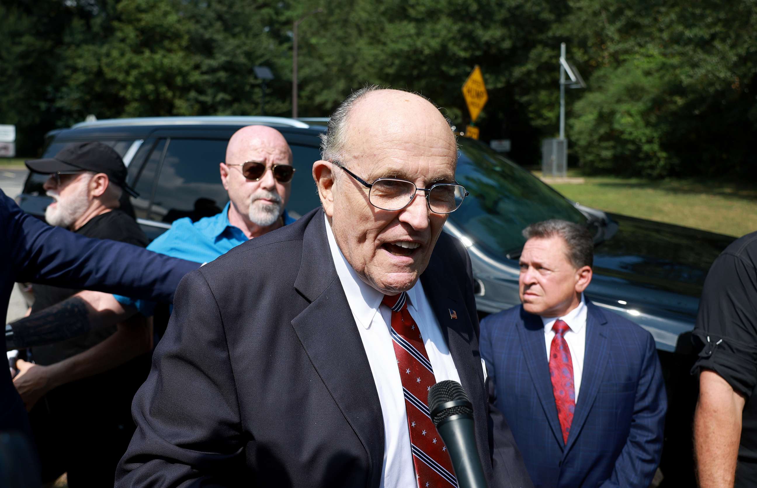 Rudy Giuliani speaks to the media after leaving the Fulton County jail on August 23, 2023 in Atlanta, Georgia. (Photo by Joe Raedle/Getty Images)