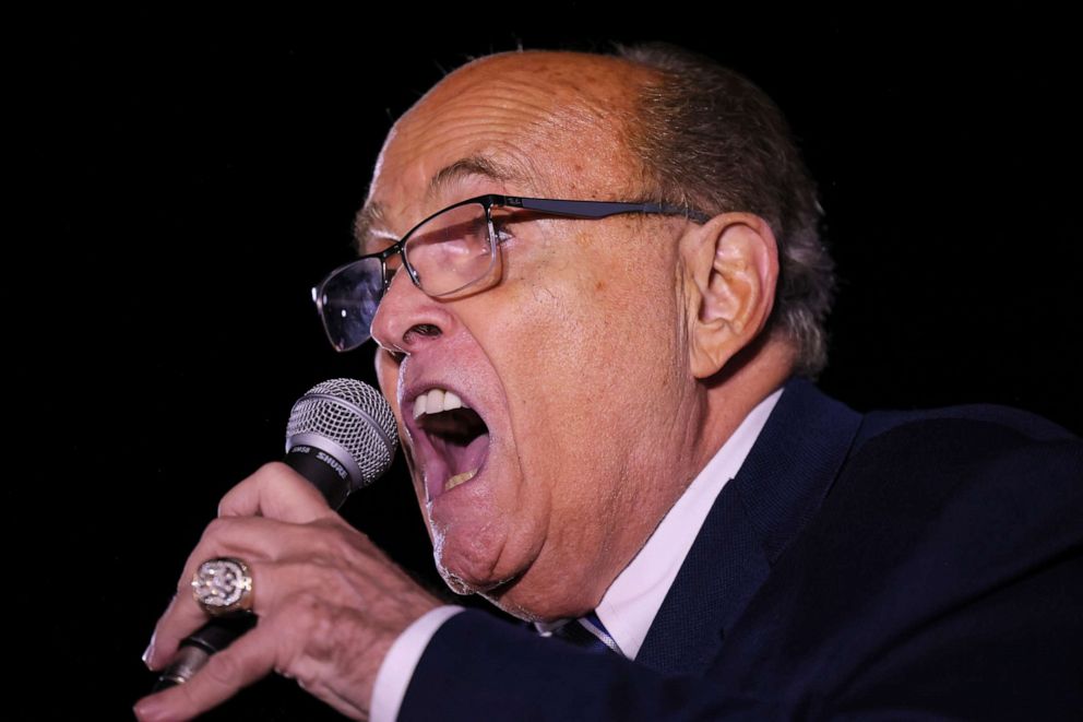 PHOTO: Former New York City Mayor Rudy Giuliani speaks during a Get Out the Vote Bus Tour campaign event for Republican gubernatorial nominee for New York Rep. Lee Zeldin on November 1, 2022, RN.Y.