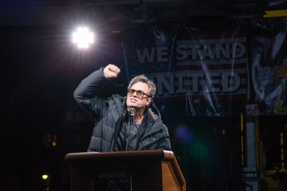 PHOTO: Mark Ruffalo speaks onstage during the "We Stand United NYC Rally" outside Trump International Hotel, Jan. 19, 2017, in New York.
