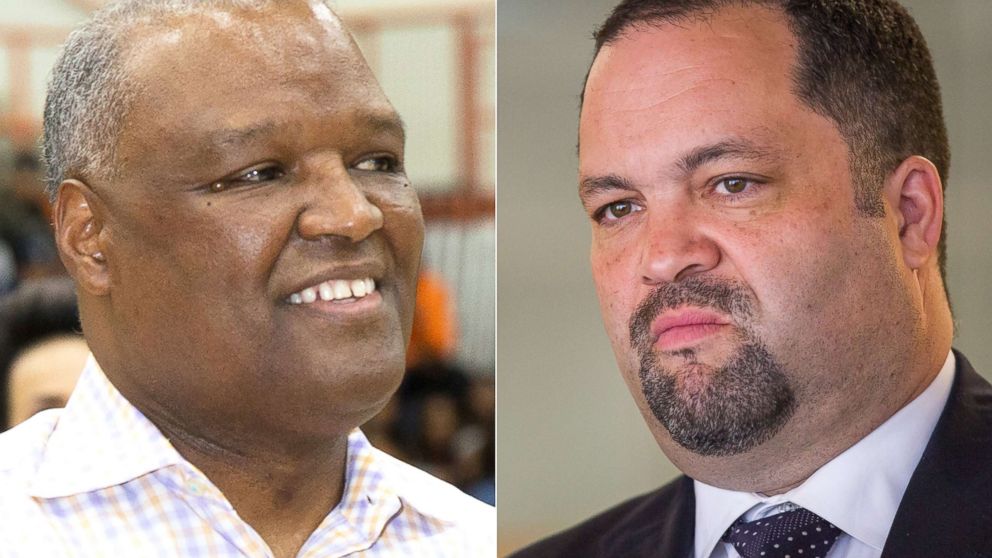 PHOTO: Two democrats running for governor in Maryland, from left, Rushern Baker, at an event  in Baltimore, Feb. 11, 2018, and Ben Jealous, in Lanham, Md., April 1, 2017.