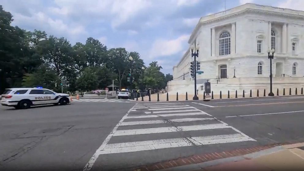 PHOTO: In this still from a video, law enforcement officers arrive on the scene at the Russell Office Building in Washington, D.C., on Aug. 2, 2023.