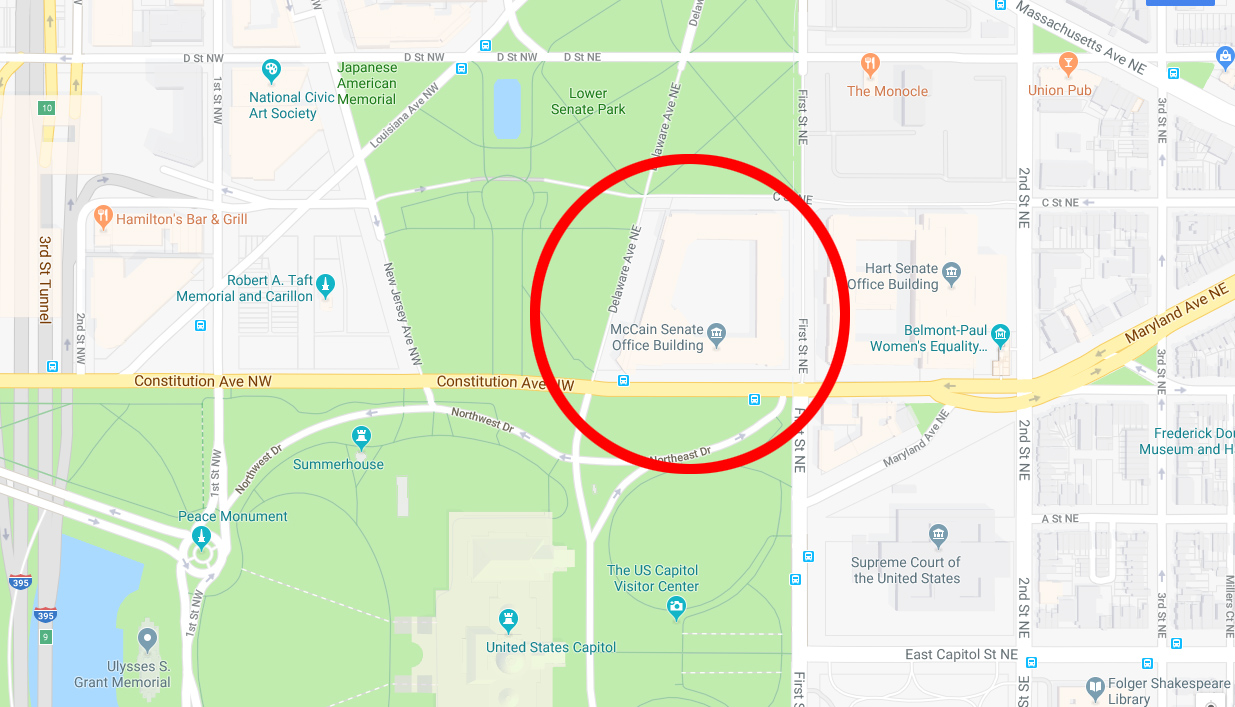 PHOTO: A screen grab made from Google Maps on Aug. 28, 2018 shows the Russell Senate Office Building in Washington labeled as the McCain Senate Office Building.