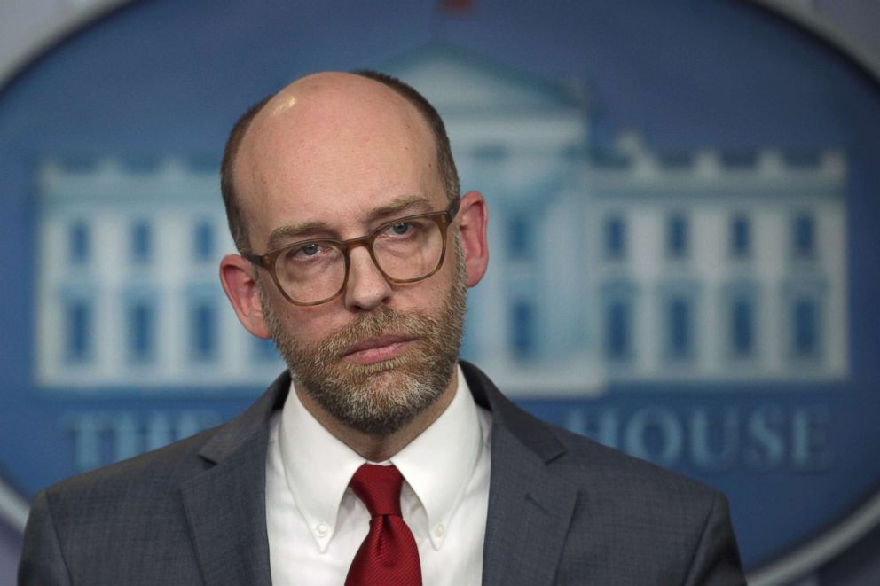 PHOTO: Acting Director of Office of Management and Budget Russell Vought listens during a news briefing at the White House, March 11, 2019, in Washington, DC.