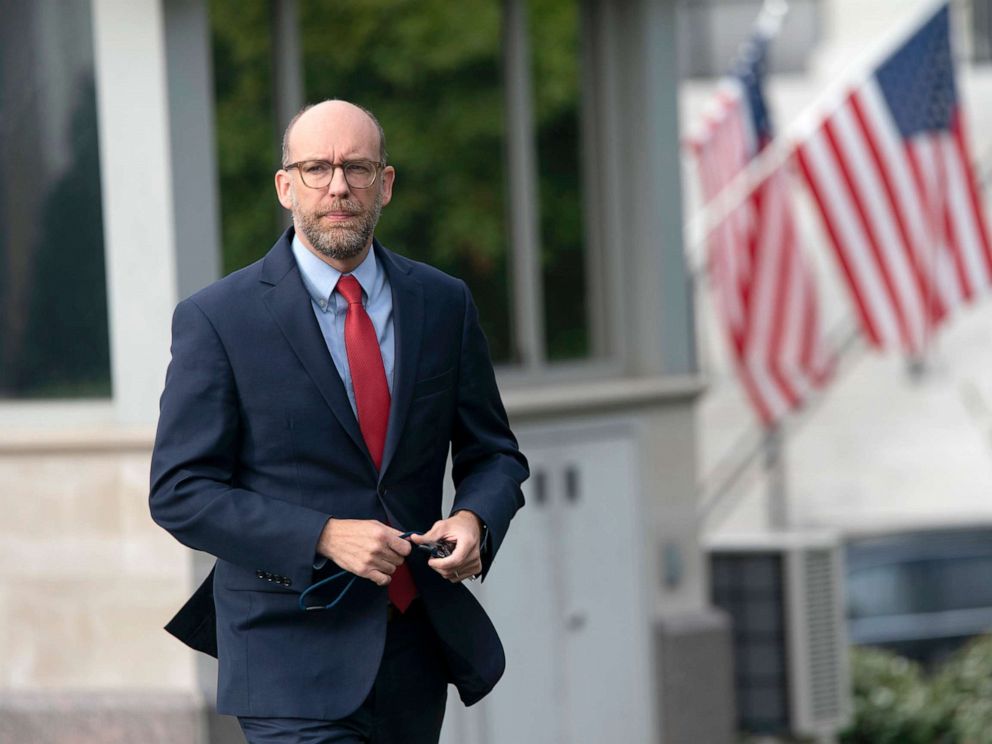 PHOTO: Office of Management and Budget (OMB) Acting Director Russell Vought walks from the White House to participate in a television interview, Oct. 9, 2019.