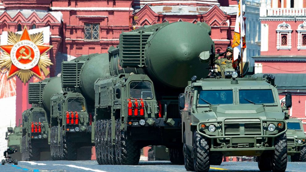 PHOTO: Russian RS-24 Yars ballistic missiles roll in Red Square during the Victory Day military parade in Moscow, June 24, 2020.