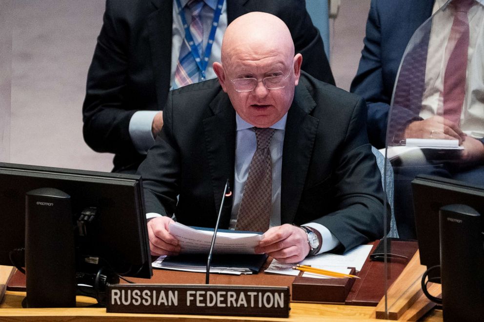 PHOTO: Vasily Alekseevich Nebenzya, Permanent Representative of Russia to the United Nations, speaks during a meeting of the UN Security Council, April 5, 2022, at United Nations headquarters. 