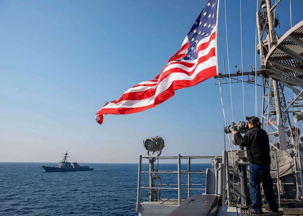 PHOTO: The Ticonderoga-class guided-missile cruiser USS Leyte Gulf sails with the Arleigh Burke-class guided-missile destroyer USS Truxtun as part of the Juniper Oak exercise with Israel in the Mediterranean Sea, Jan. 24, 2023.