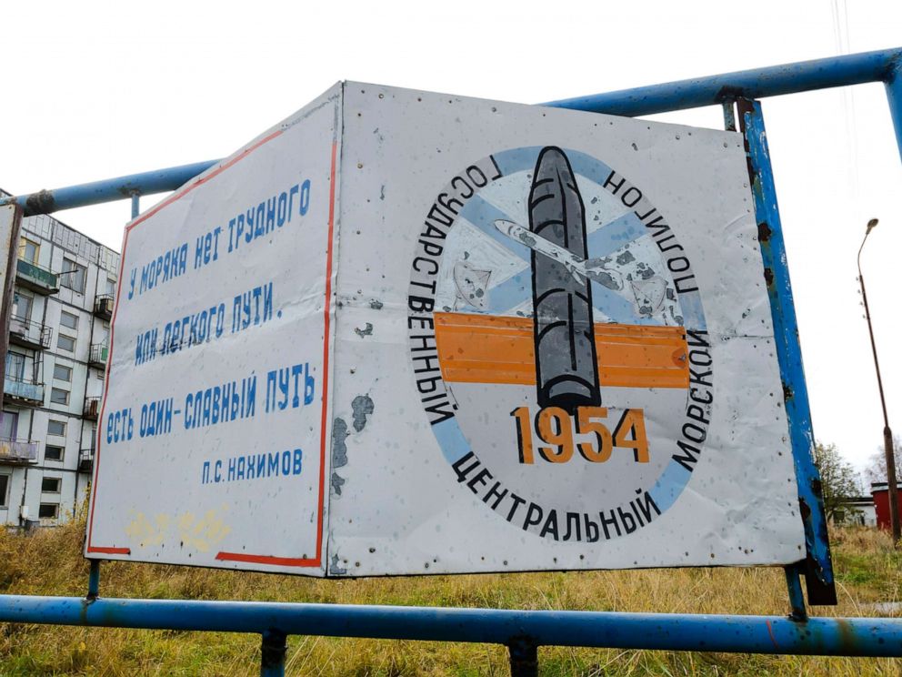 PHOTO: A billboard that reads The State Central Navy Testing Range near residential buildings in the village of Nyonoksa, northwestern Russia, Oct. 7, 2018.