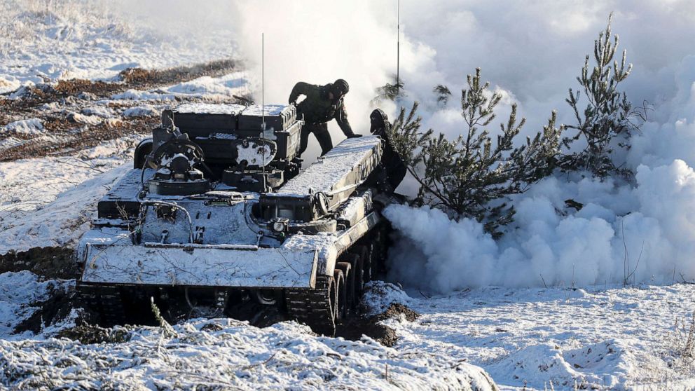 PHOTO: Soldiers work with their military vehicle at the Gozhsky training ground during the Union Courage-2022 Russia-Belarus military drills in Belarus, Feb. 12, 2022.