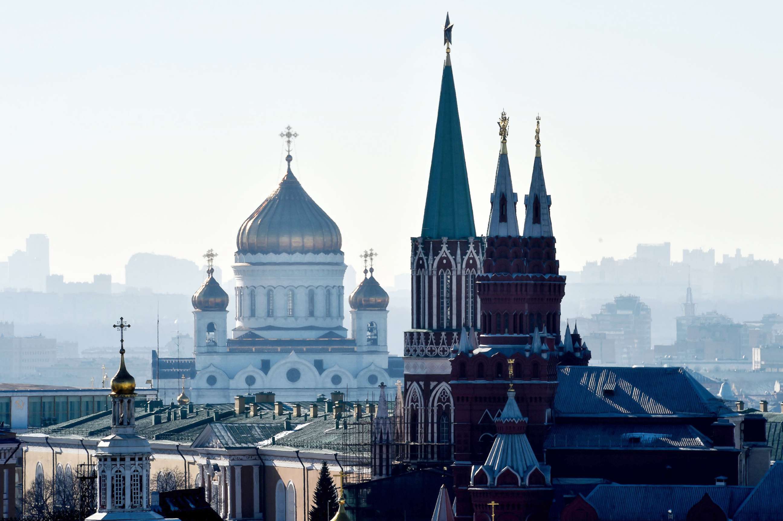 PHOTO: The towers of the State Historical Museum, the Kremlin and the Cathedral of Christ the Saviour stand in central Moscow. 