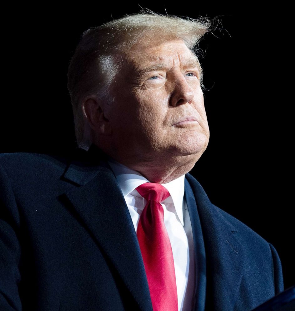 PHOTO: President Donald Trump addresses supoorters during a Make America Great Again rally as he campaigns in Erie, PA., Oct. 20, 2020.