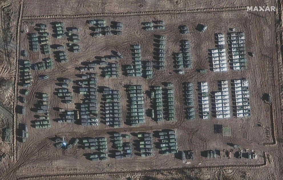 PHOTO: This handout satellite image released by Maxar Technologies and taken, Nov. 1, 2021, shows the presence of a large ground forces deployment on the northern edge of the town of Yelnya, Smolensk Oblast, Russia. 