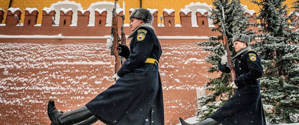 PHOTO: Russian honor guards march during the changing of the guards ceremony at the Tomb of the Unknown Soldier by the Kremlin wall in Moscow, March 15, 2018.