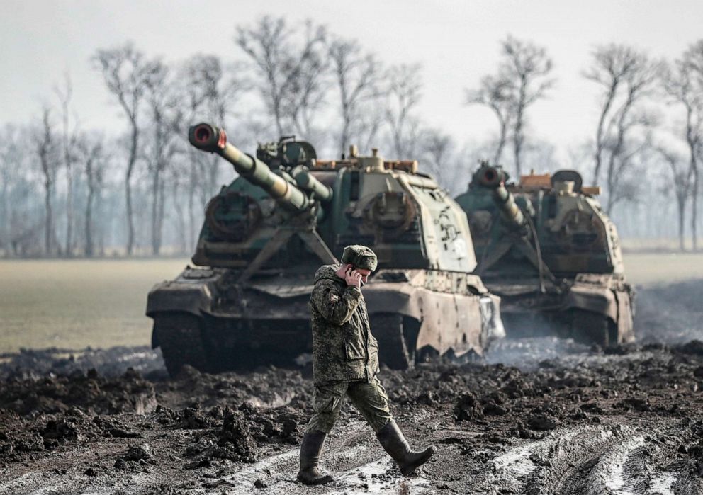 PHOTO: Russian armored vehicles stand on the road in Rostov region, Russia, Feb. 22, 2022.