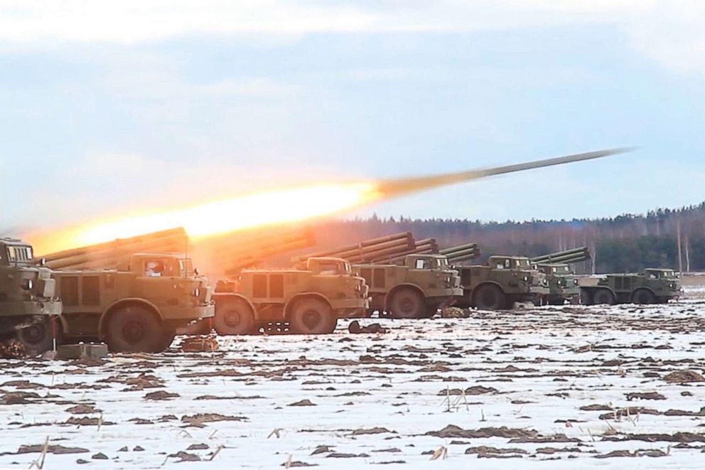 PHOTO: Rocket launchers fire during the Allied Resolve 2022 joint military drills by Belarusian and Russian troops min Belarus, Feb. 12, 2022.