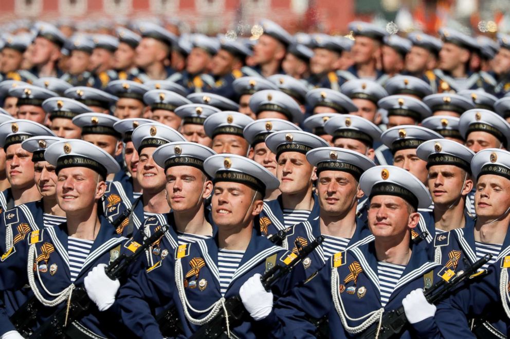 PHOTO:Russian servicemen march during the Victory Day parade, marking the 73rd anniversary of the victory over Nazi Germany in World War Two, at Red Square in Moscow, May 9, 2018.