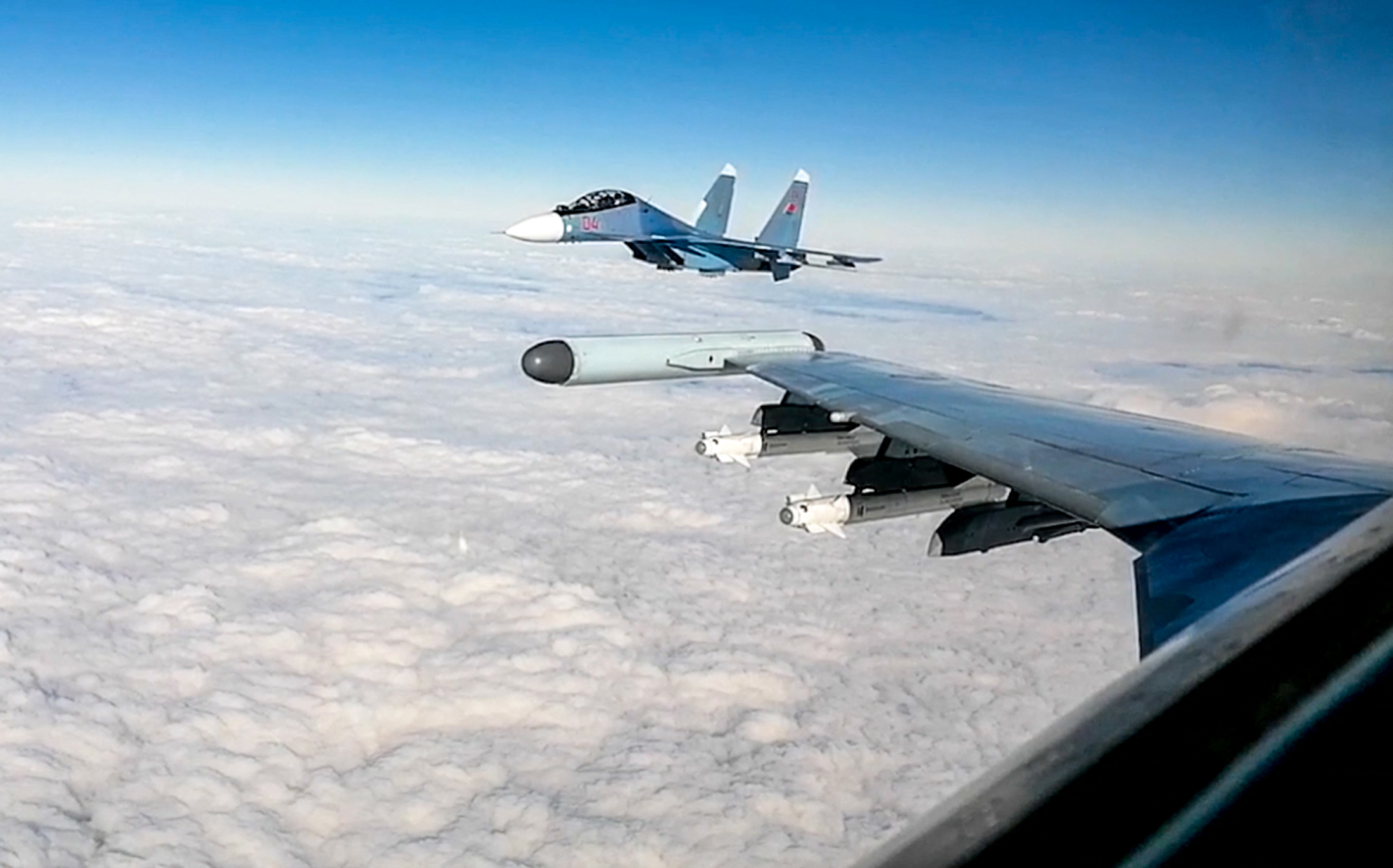 PHOTO: This handout video grab taken and released by the Russian Defense Ministry on Feb. 16, 2022, shows Su-30SM fighter jets during a joint exercises of the armed forces of Russia and Belarus, at a firing range near Brest.