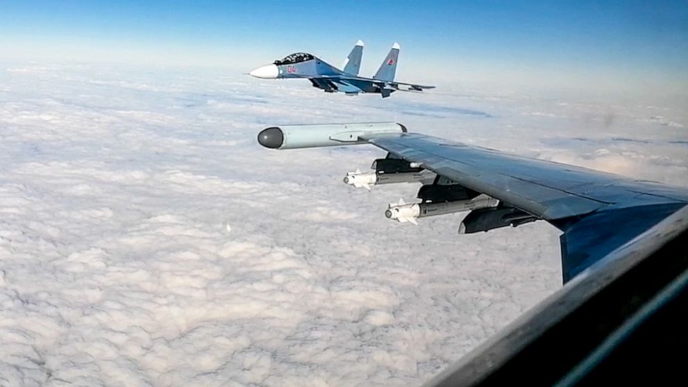 PHOTO: This handout video grab taken and released by the Russian Defense Ministry on Feb. 16, 2022, shows Su-30SM fighter jets during a joint exercises of the armed forces of Russia and Belarus, at a firing range near Brest.