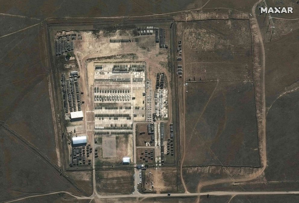 PHOTO: This satellite image released by Maxar Technologies on Dec. 5, 2021, reportedly shows Russian military deployment in the Novo Ozernoye region of Crimea on Oct. 18, 2021.