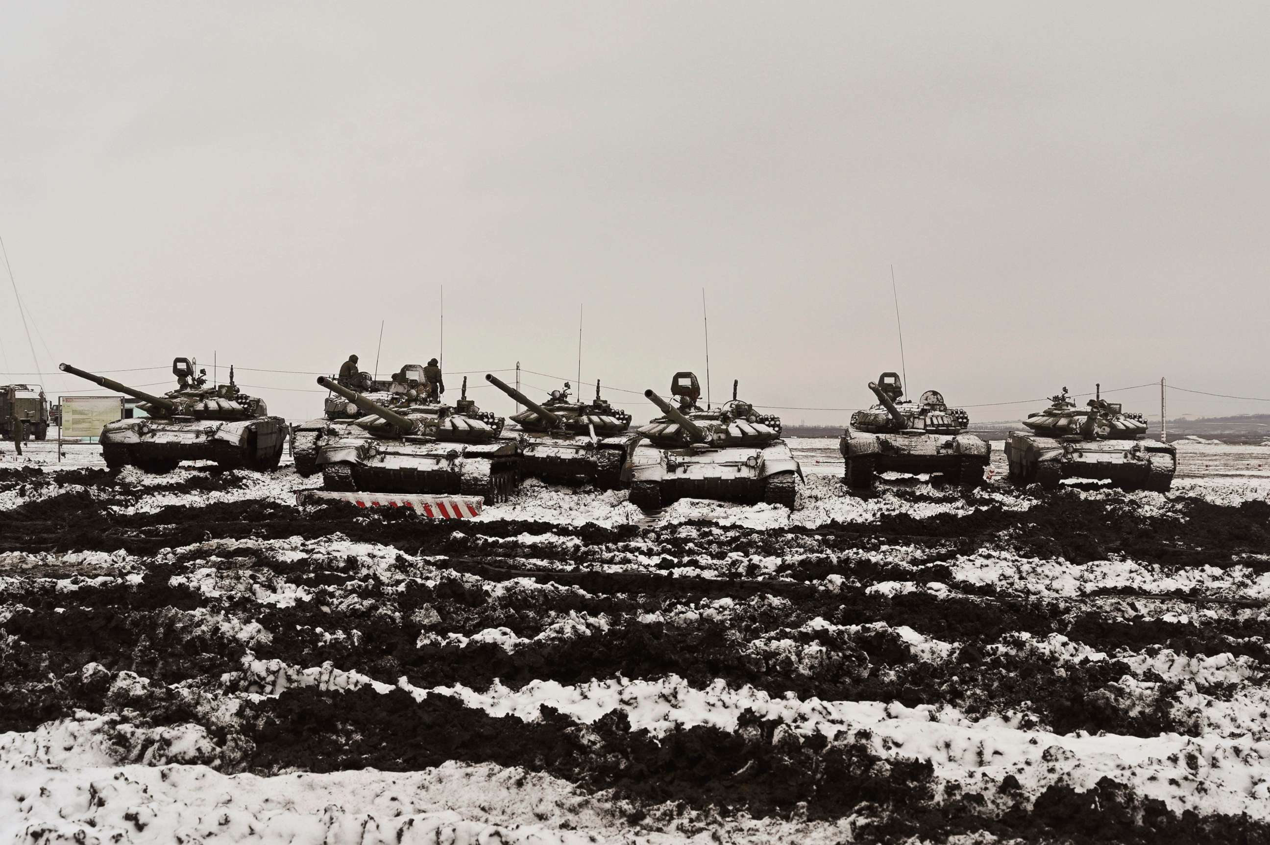 PHOTO: Russian tanks T-72B3 take part in drills at the Kadamovskiy firing range in the Rostov region in southern Russia, Jan. 12, 2022.