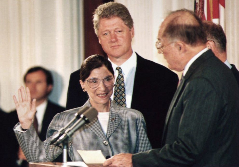 PHOTO: Chief Justice of the Supreme Court William Rehnquist, right, administers the oath of office to newly-appointed Supreme Court Justice Ruth Bader Ginsburg as President Bill Clinton looks on, Aug. 10 1993. 