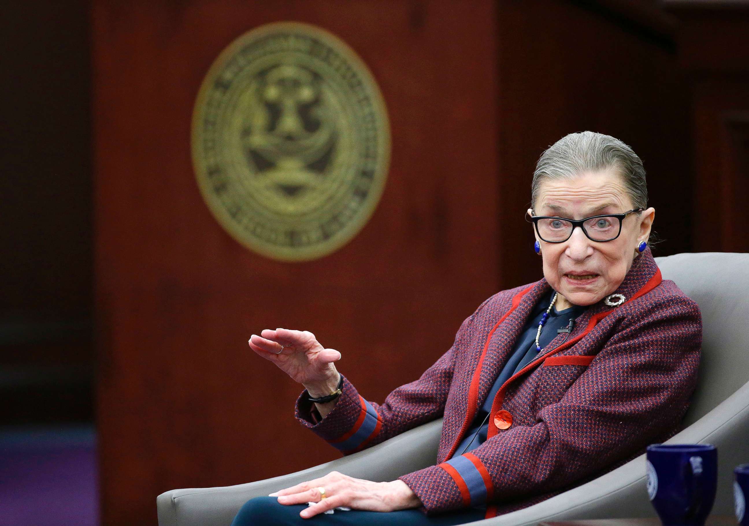 PHOTO: U.S. Supreme Court Justice Ruth Bader Ginsburg answers a law student's question as she participates in a "fireside chat" in the Bruce M. Selya Appellate Courtroom at the Roger William University Law School, Jan. 30, 2018, in Bristol, R.I.