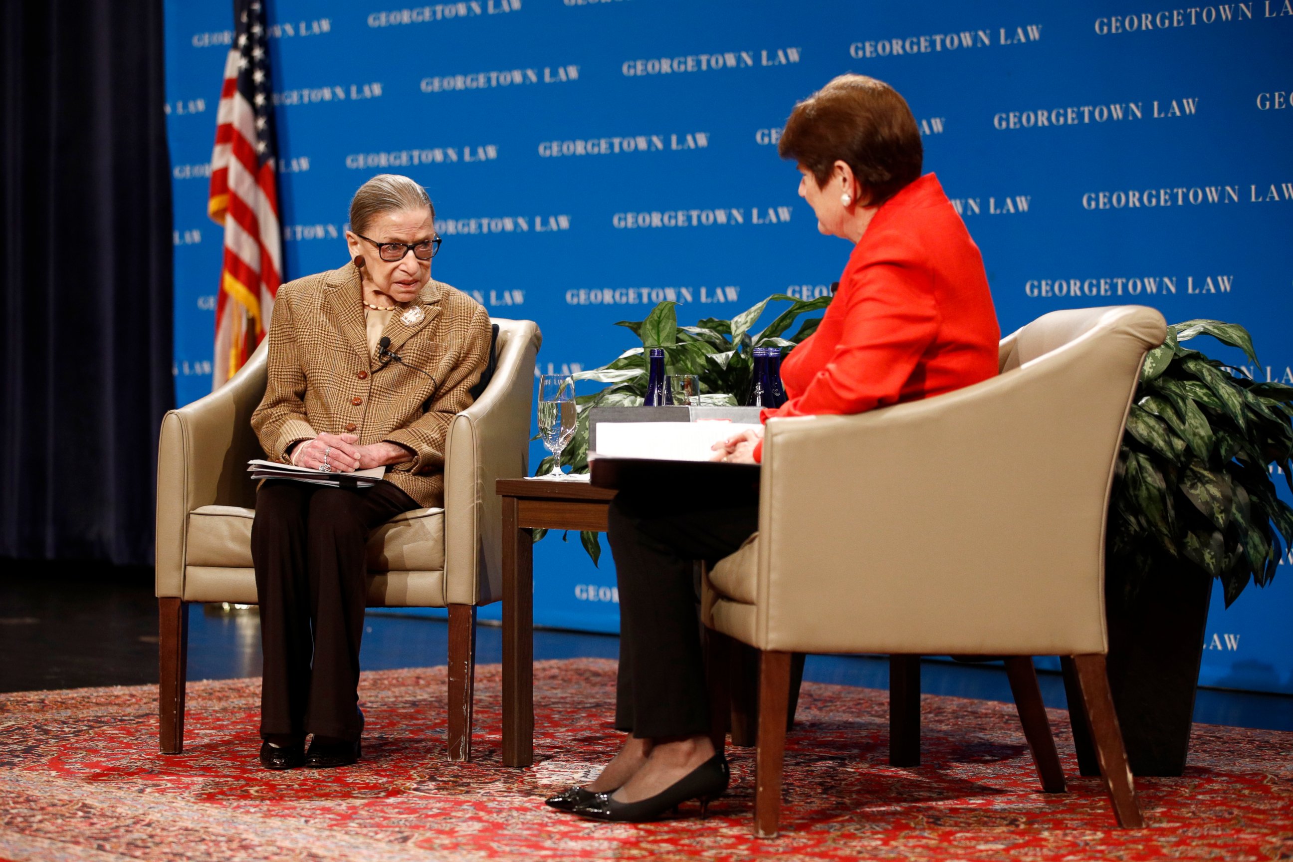 PHOTO: U.S. Supreme Court Associate Justice Ruth Bader Ginsburg speaks with Circuit Judge M. Margaret McKeown during a discussion of the ratification of the 19th Amendment in Washington, Monday, Feb. 10, 2020. 