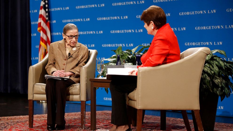 PHOTO: U.S. Supreme Court Associate Justice Ruth Bader Ginsburg speaks with Circuit Judge M. Margaret McKeown during a discussion of the ratification of the 19th Amendment in Washington, Monday, Feb. 10, 2020. 
