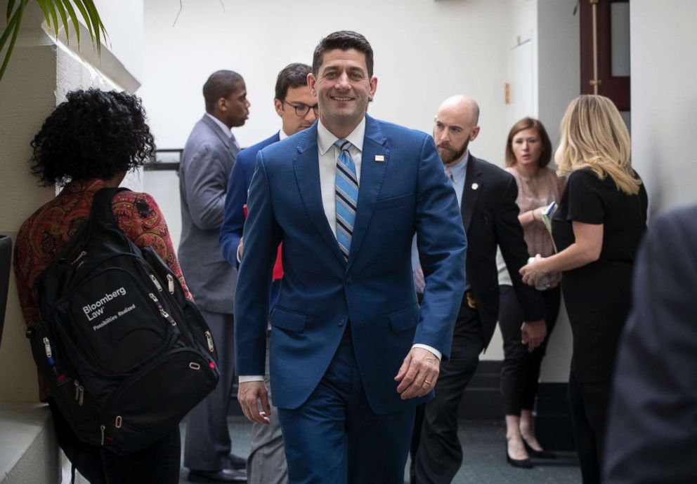 PHOTO: Speaker of the House Paul Ryan, R-Wis., leaves a meeting of the House Republican Conference on Capitol Hill, April 27, 2018. 
