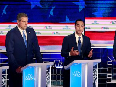 PHOTO: Tim Ryan, Julian Castro and Cory Booker participate in the first Democratic primary debate hosted by NBC News at the Adrienne Arsht Center for the Performing Arts in Miami, Florida, June 26, 2019.