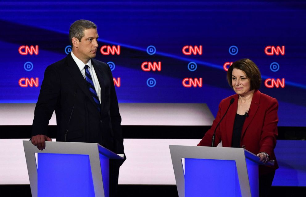 PHOTO: Democratic presidential hopefuls Tim Ryan and Amy Klobuchar participate in the first round of the second Democratic primary debate of the 2020 presidential campaign season hosted by CNN at the Fox Theatre in Detroit, July 30, 2019.