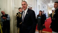PHOTO: U.S. Secretary of the Interior Ryan Zinke arrives for an event in the East Room of the White House in Washington.