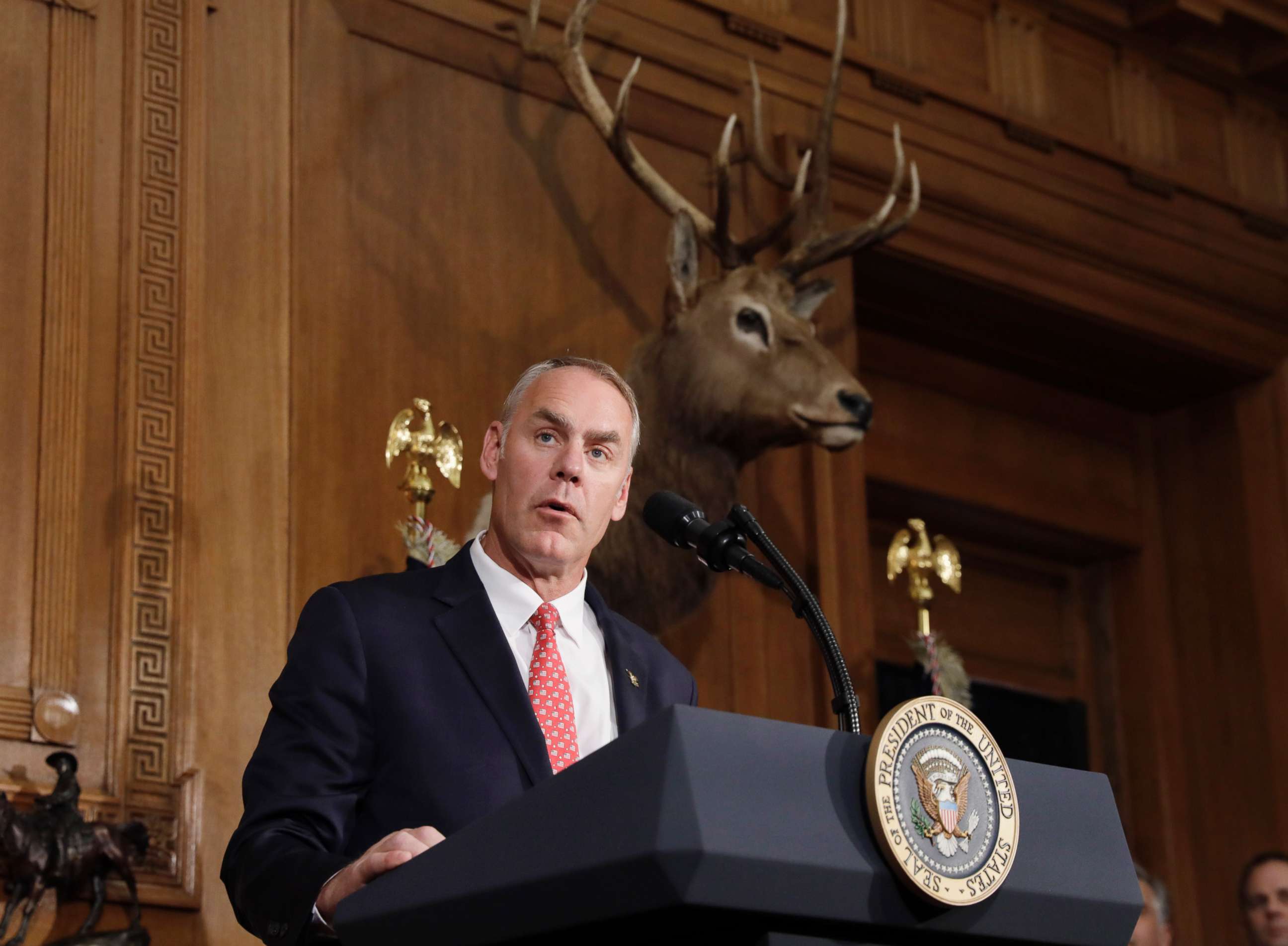 PHOTO: Interior Secretary Ryan Zinke speaks prior to President Donald Trump signing an executive order reviewing previous National Monument designations made under the Antiquities Act, at the Interior Department in Washington, April 26, 2017.