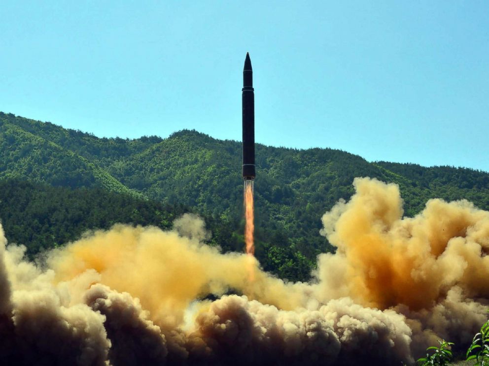 PHOTO: This picture taken on July 4, 2017 and released by North Koreas official Korean Central News Agency (KCNA) on July 5, 2017 shows the successful test-fire of the intercontinental ballistic missile Hwasong-14 at an undisclosed location.