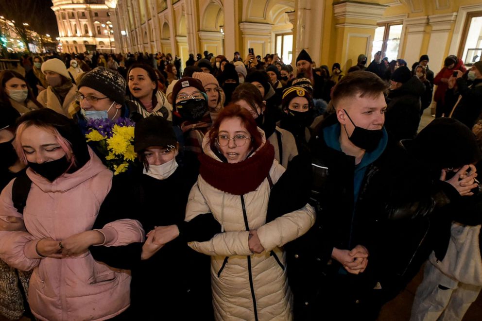 PHOTO: People march to protest against Russia's invasion of Ukraine in central Saint Petersburg, Russia, on March 1, 2022.
