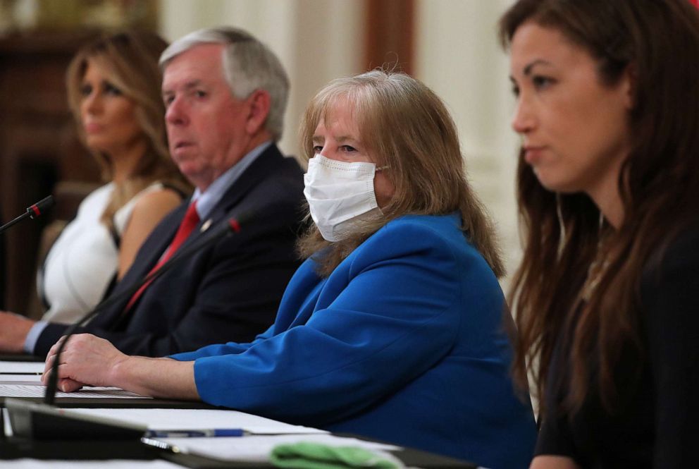 PHOTO: American Academy of Pediatrics President Dr. Sally Goza (C) attends a meeting with President Donald Trump, students, teachers and administrators about how to safely re-open schools, at the White House, July 07, 2020, in Washington, DC.