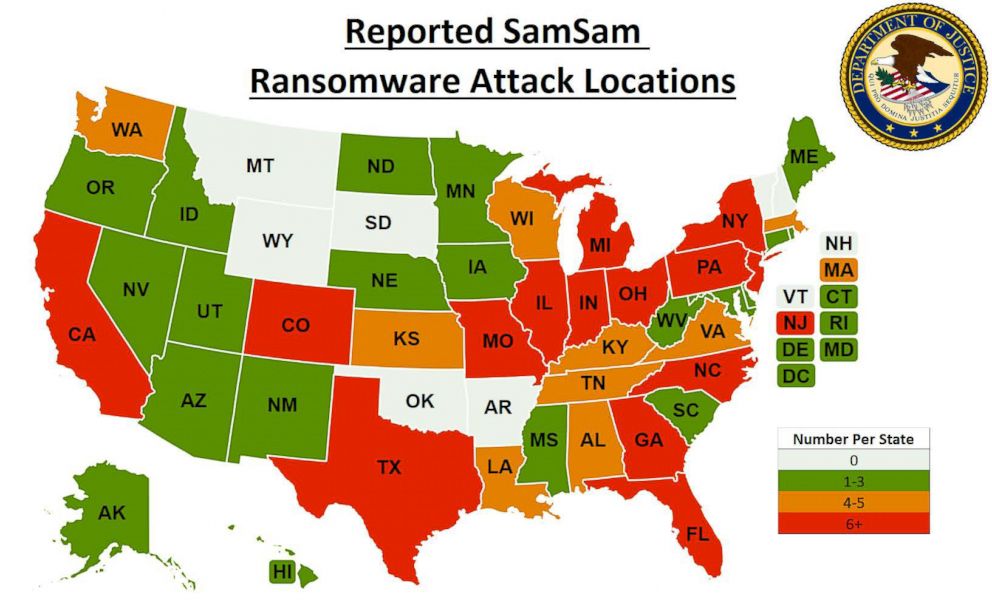 PHOTO: Map outlines all the places where "SamSam ransomware" attacks have happened.