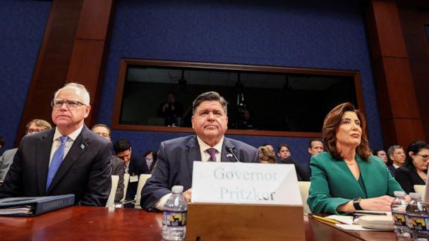 Minnesota Governor Tim Walz, Illinois Governor JB Pritzker and New York Governor Kathy Hochul attend a House Oversight Committee hearing with U.S. governors about state policies regarding undocumented migrants, on Capitol Hill in Washington, D.C., June 12, 2025.