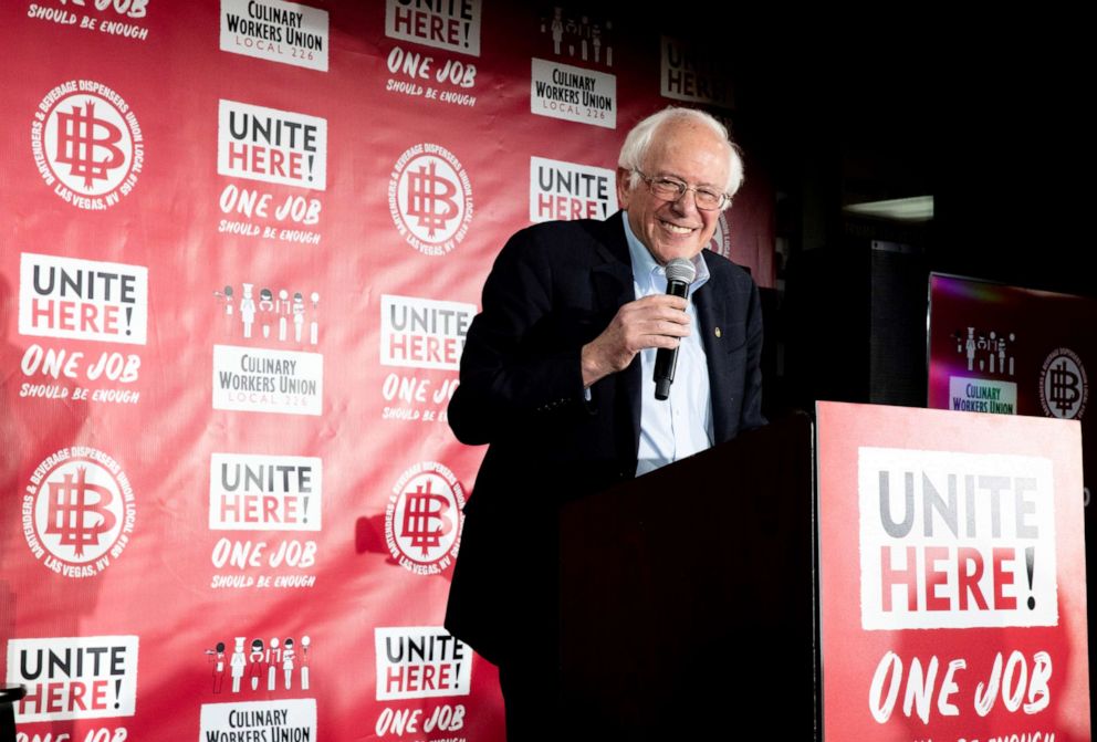 PHOTO: Democratic presidential candidate Sen. Bernie Sanders, I-Vt., reacts during a town hall meeting at the Culinary Workers Union Local 226 hosted by UNITE HERE, Tuesday, Dec. 10, 2019, in Las Vegas.
