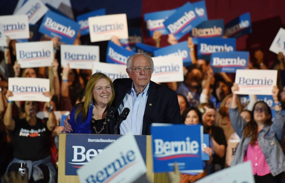 PHOTO: Democratic presidential candidate Senator Bernie Sanders celebrates with his wife Jane after being declared the winner of the Nevada Caucus as he holds a campaign rally in San Antonio, Texas, Feb 22, 2020. 