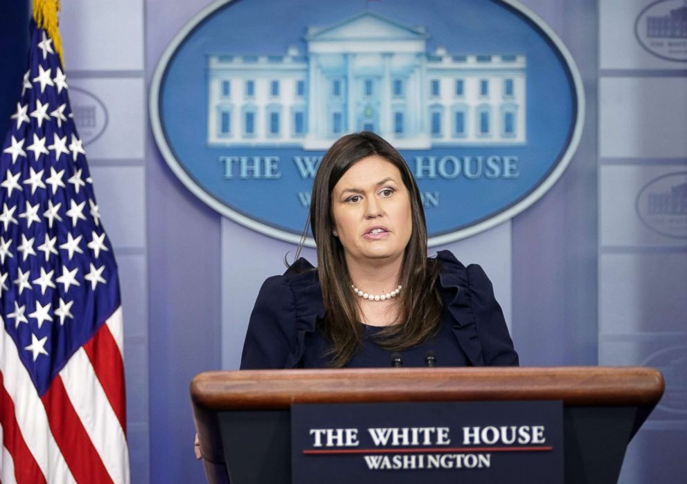 PHOTO: White House Press Secretary Sarah Sanders speaks during the daily briefing in the Brady Briefing Room of the White House in Washington, on Aug. 22, 2018.