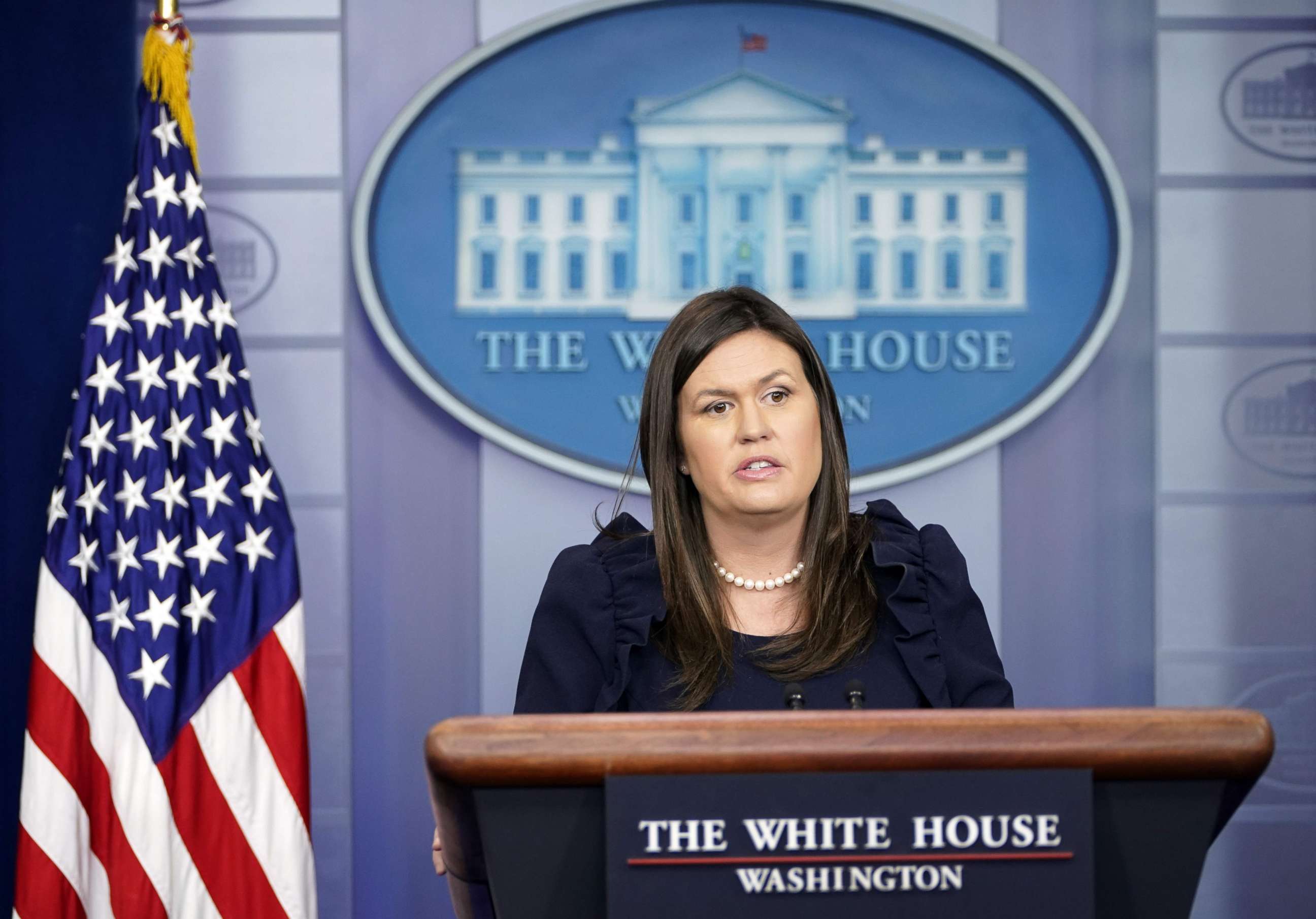 PHOTO: White House Press Secretary Sarah Sanders speaks during the daily briefing in the Brady Briefing Room of the White House in Washington, on Aug. 22, 2018.