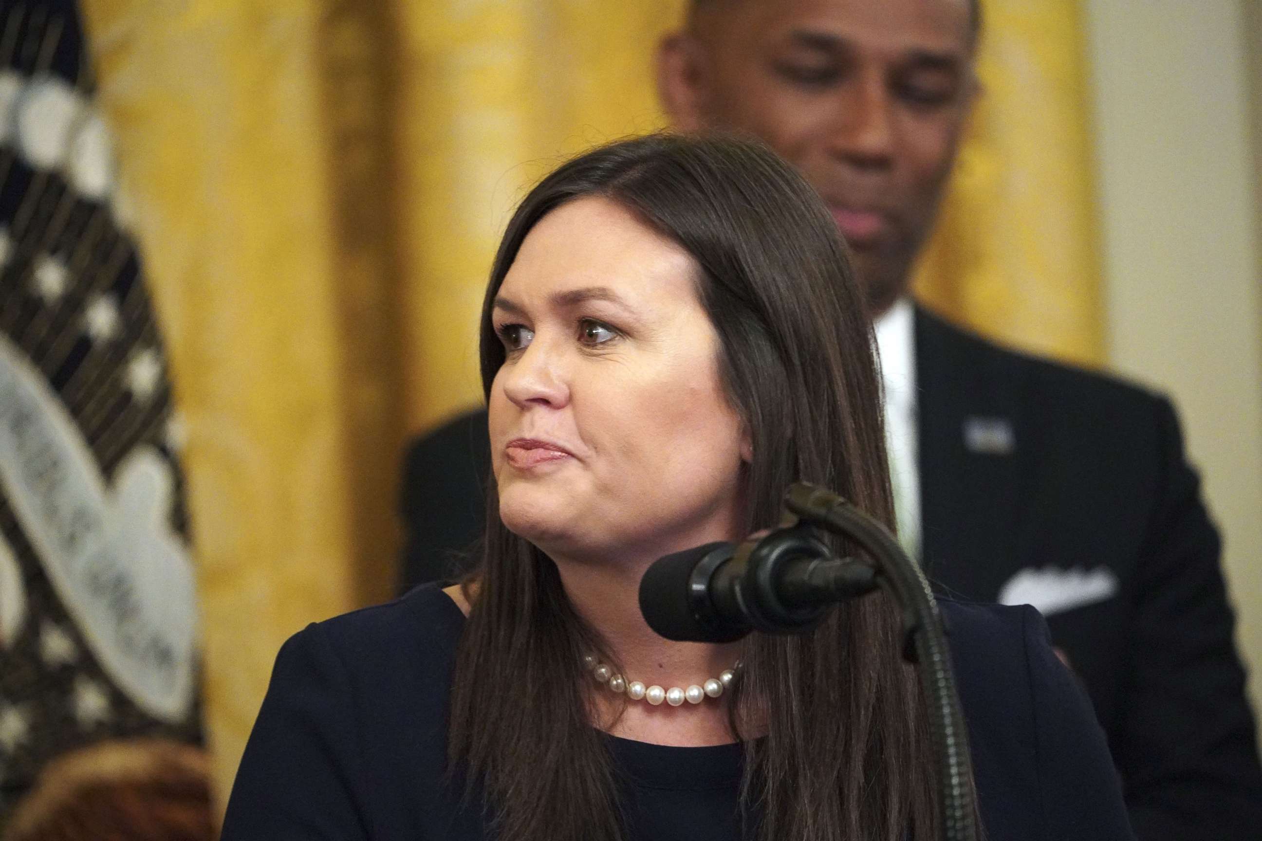 PHOTO: Sarah Sanders speaks as President Donald Trump holds an event about second chance hiring and criminal justice reform in the East Room of the White House, June 13, 2019.
