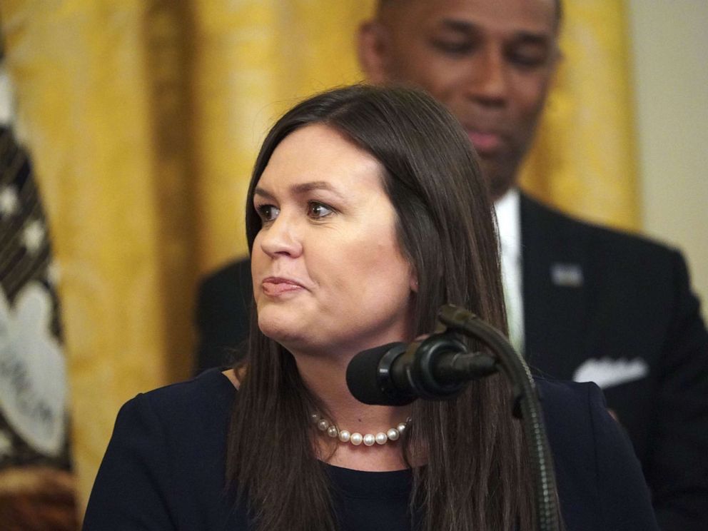 PHOTO: Sarah Sanders speaks as President Donald Trump holds an event about second chance hiring and criminal justice reform in the East Room of the White House, June 13, 2019.