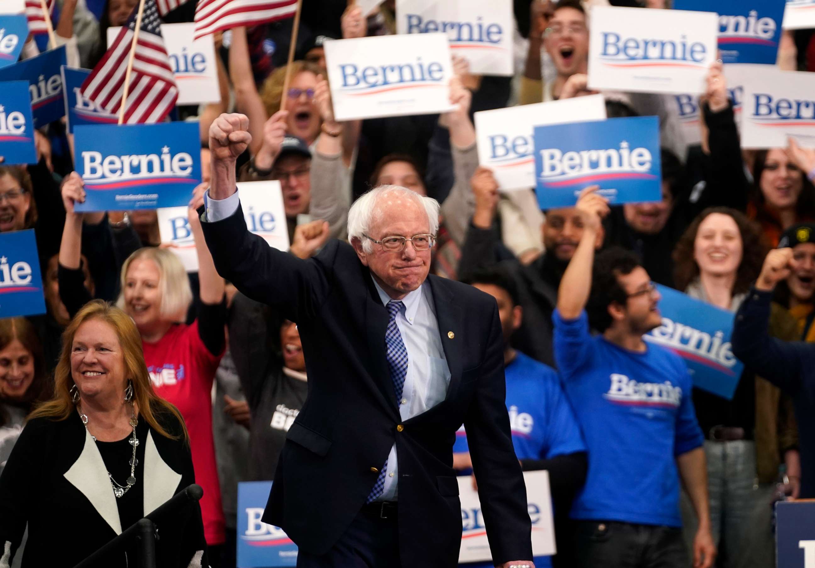 PHOTO: Democratic presidential candidate Sen. Bernie Sanders arrives to speak at his New Hampshire primary night rally in Manchester, N.H., Feb. 11, 2020. 