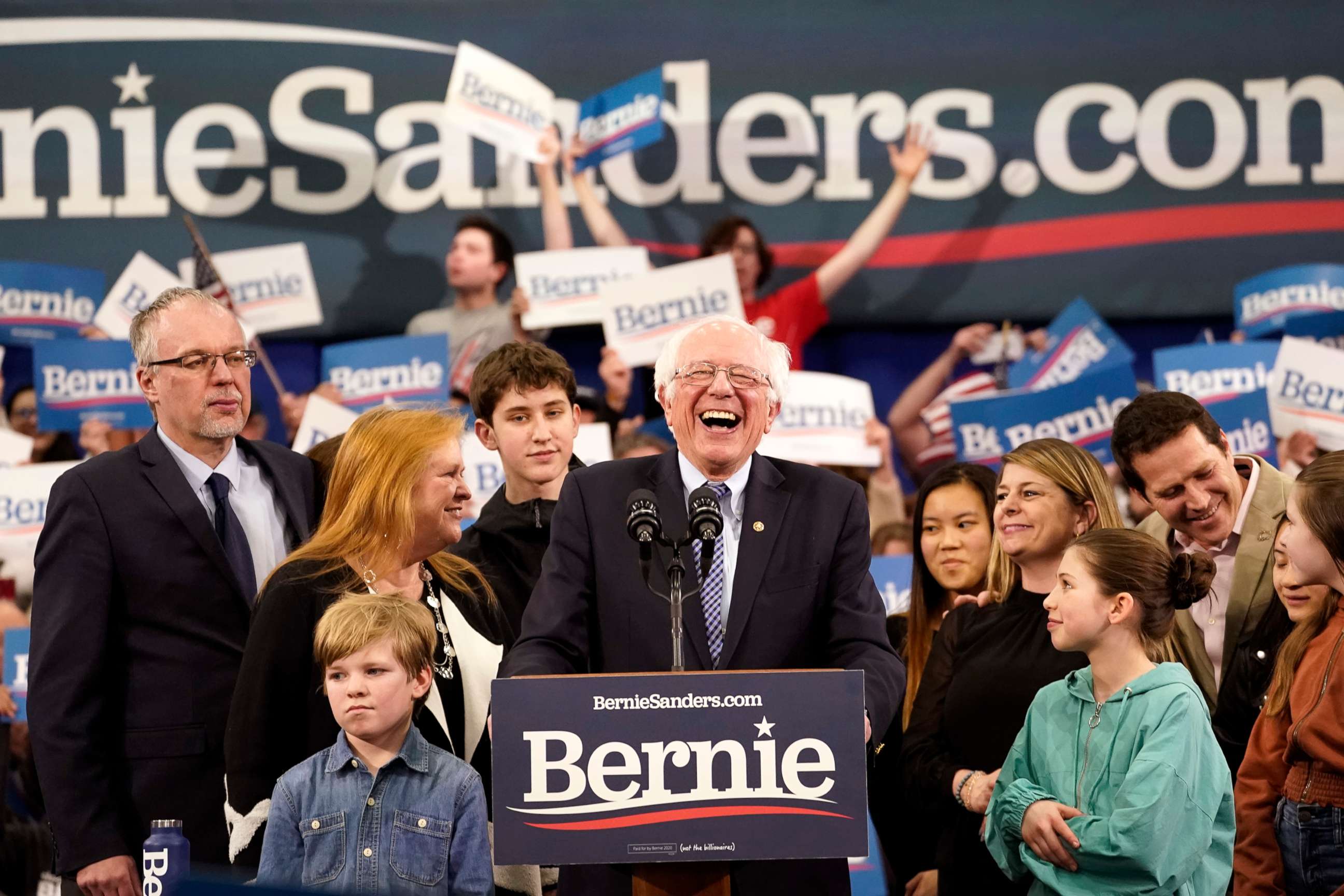 PHOTO: Democratic presidential candidate Sen. Bernie Sanders takes the stage during a primary night event, Feb. 11, 2020, in Manchester, N.H.