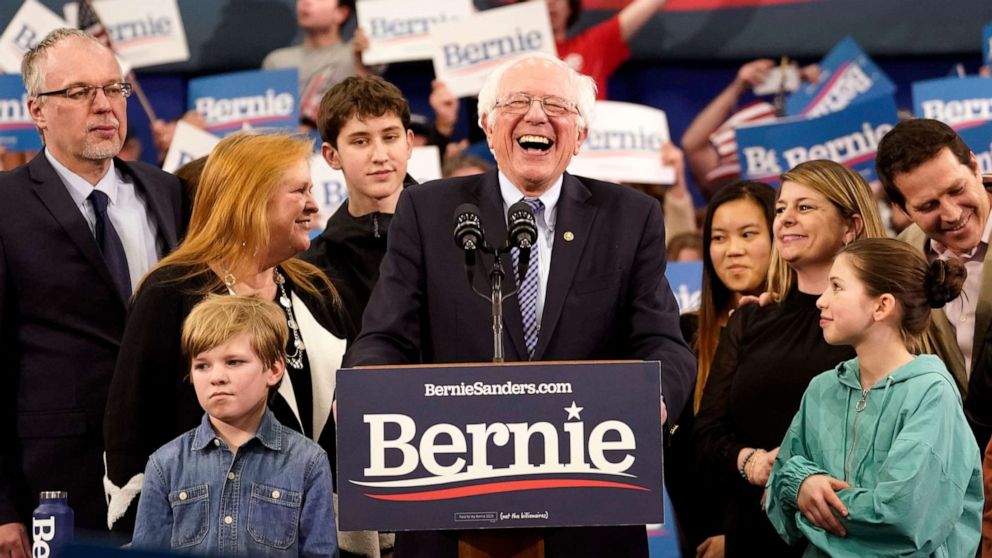 PHOTO: Democratic presidential candidate Sen. Bernie Sanders takes the stage during a primary night event, Feb. 11, 2020, in Manchester, N.H.
