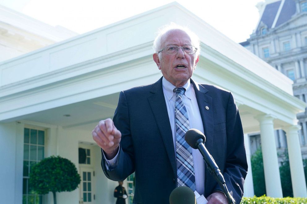 PHOTO: Sen. Bernie Sanders talks to reporters outside the West Wing of the White House, July 12, 2021, following his meeting with President Joe Biden. 
