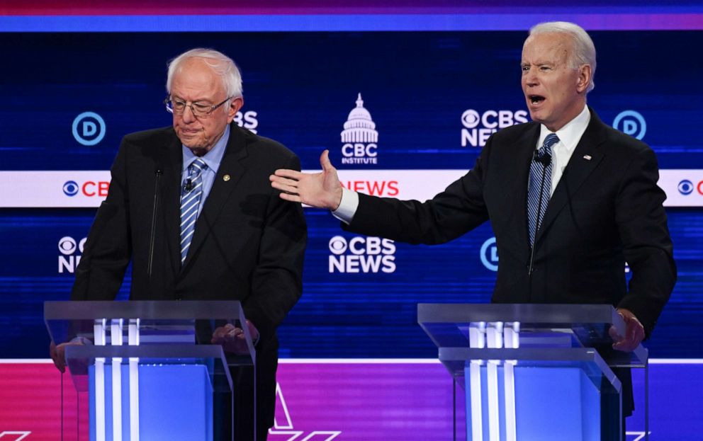 PHOTO: Democratic presidential hopefuls Sen. Bernie Sandersand Former Vice President Joe Biden participate in the tenth Democratic primary debate at the Gaillard Center in Charleston, South Carolina, Feb. 25, 2020.